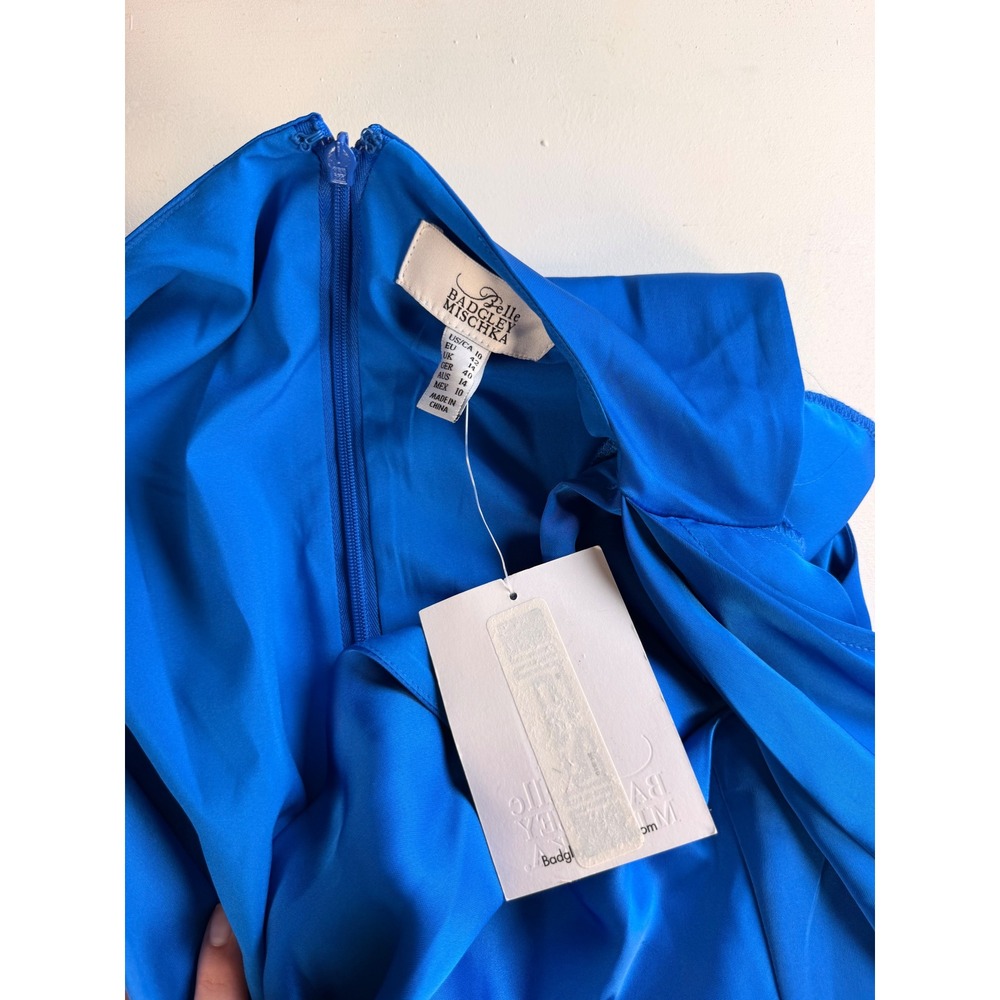 Badgley Mischka Dress Women 10 Blue Modern Twist Front Satin Cape Sleeve